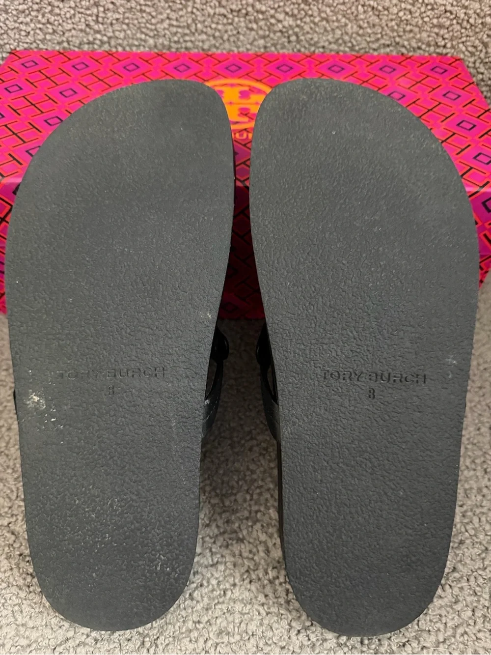 Tory Burch Black Leather Logo Thong Footbed Sandals size 8